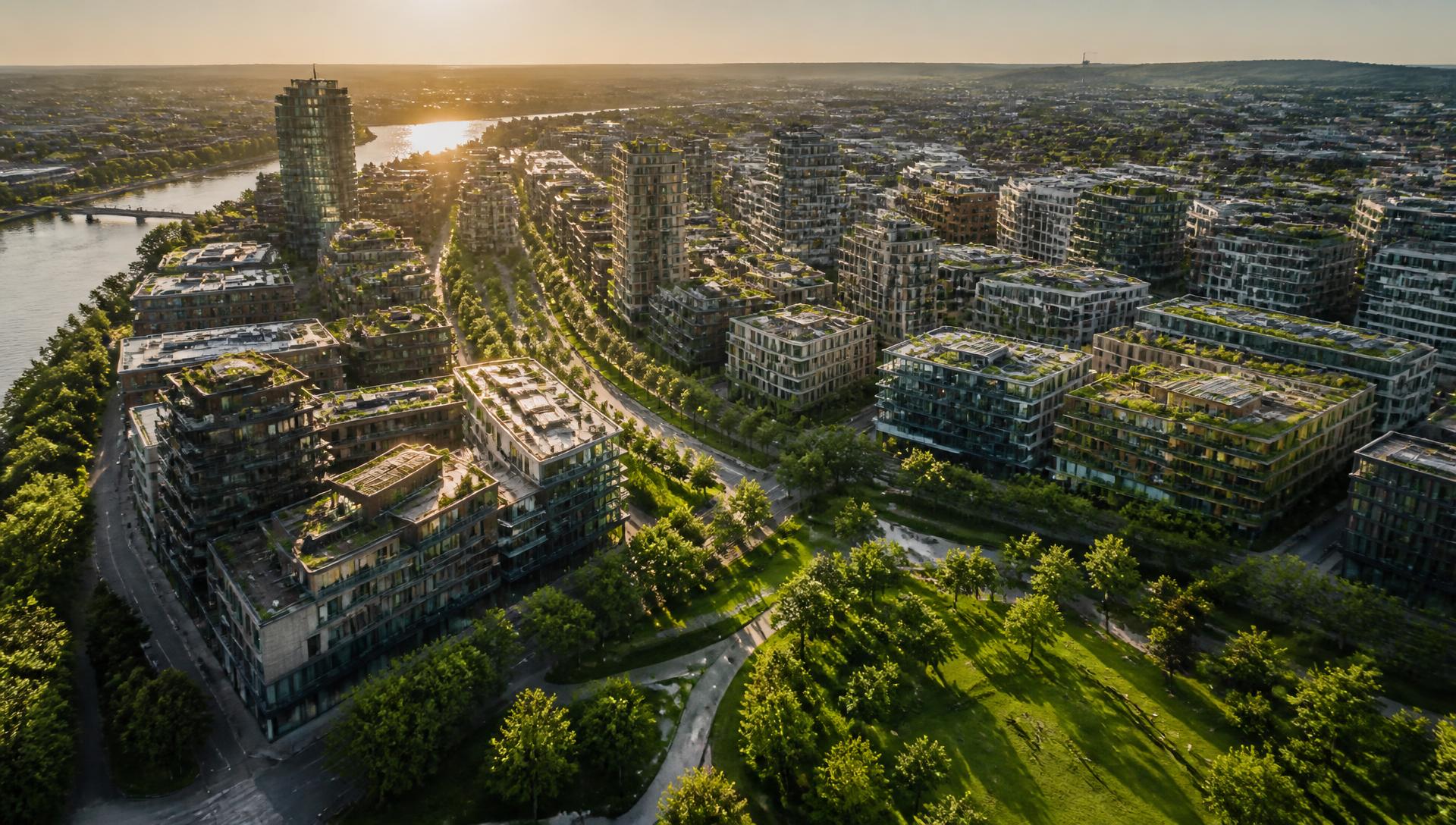 Aerial view of a modern sustainable urban district with green roofs, tree-lined boulevards and a riverfront park at golden hour